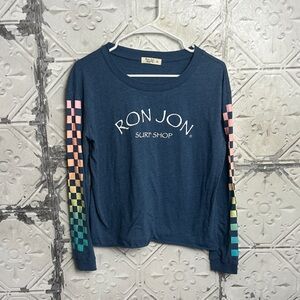 Ron Jon Blue Crew Neck Shirt with checkered sleeves